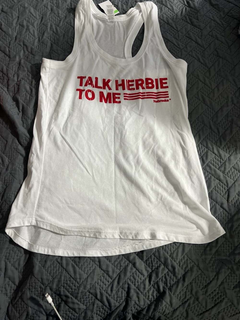 Nebraska Cornhuskers 'Talk Herbie To Me' White Racerback Tank Top